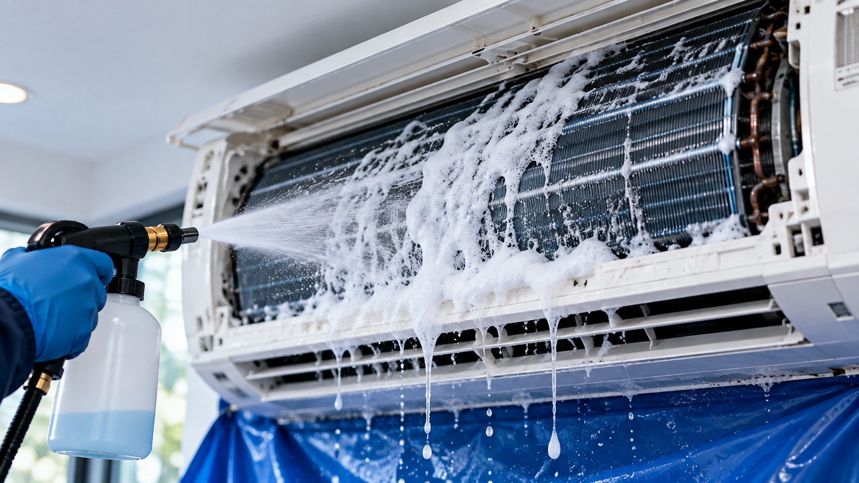 Juruteknik menyembur buih pencuci ke dalam gegelung aircond dinding yang telah dibuka