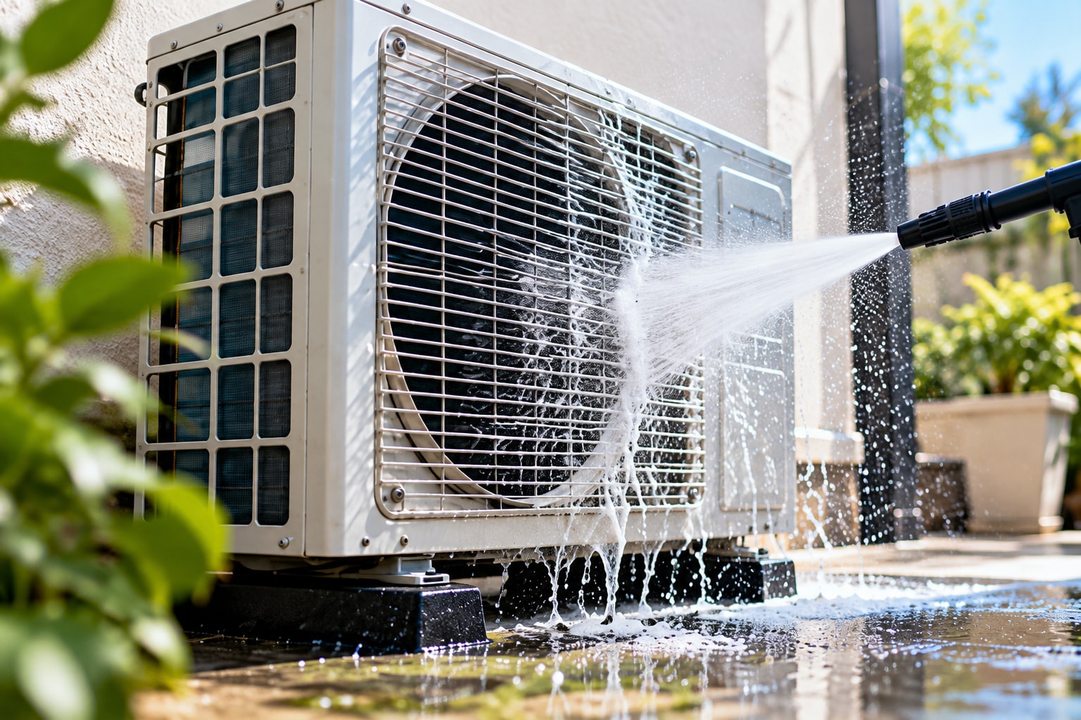 Unit luar aircond sedang dibilas dengan semburan air