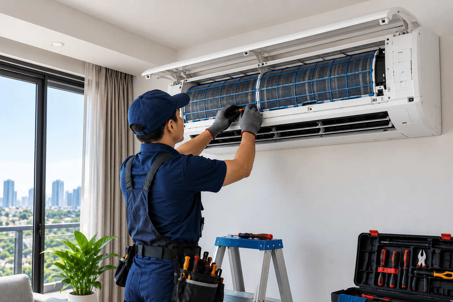 Juruteknik aircond memeriksa tekanan gas penyejuk pada unit luar